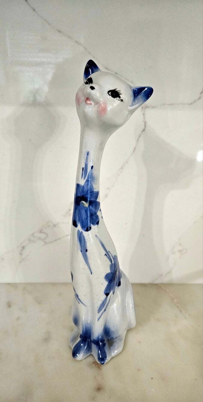 Vintage Hand-Painted Blue and White Floral Porcelain Cat Figurine